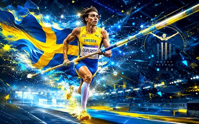 armand duplantis, 4k, sfondo digitale blu, creativo, salto con l'asta, atleti, arte dei fan, armand duplantisarte, saltatore con l'asta svedese, armand duplantis 4k