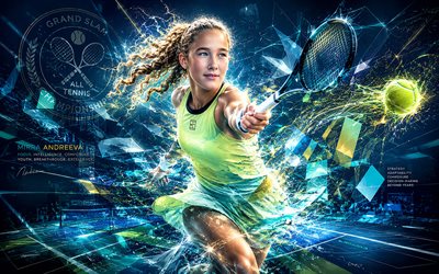 Mirra Andreeva, 4k, Russian tennis player, WTA, blue abstract lines art, tennis, Mirra Andreeva art, Womens Tennis Association, creative art, blue light lines