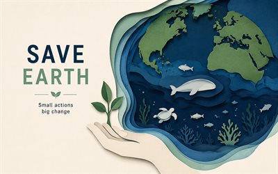 Save Earth, 4K, creative eco concepts, origami art, environment, Save Earth art, ecology concepts, Earth, Small Actions Big Changes, Save Earth concepts, paper art, ecology, take care of nature
