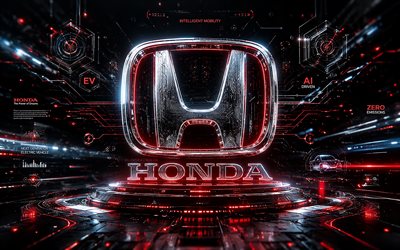 logotipo 3d de honda, 4k, fondo futurista oscuro, creativo, rayos de neón rojos, logotipo metálico de honda, logotipo futurista de honda, marcas de autos, logotipo de honda, honda