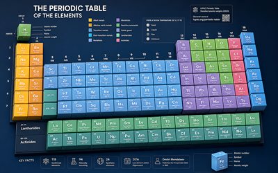 Periodic table, 4k, 3D art, periodic table of the elements, chemical elements, chemistry concepts, blue background, Dmitri Mendeleev, 3D colored elements