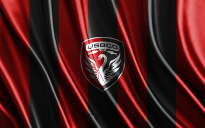 4k, US Boulogne logo, Ligue 2, red black silk texture, US Boulogne flag, French football club, silk flag, US Boulogne emblem, France, US Boulogne badge, US Boulogne