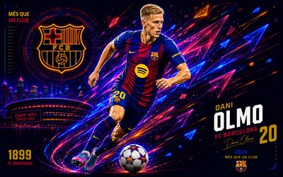 Dani Olmo, FC Barcelona, fan art, blue burgundy abstract digital background, Dani Olmo FC Barcelona, creative art, FC Barcelona logo, Dani Olmo Barcelona, football, Barcelona