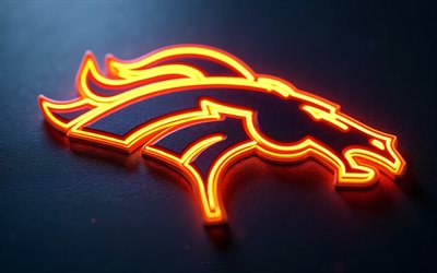 Denver Broncos neon logo, 4k, blue background, NFL, Denver Broncos logo, orange neon silhouette, Denver Broncos emblem, USA, Denver Broncos, American football