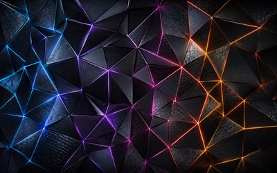 4k, värikkäitä hahmoja, matala poly taide, mustia kiviä, geometriset muodot, mustia 3d fragmentteja, luova, pirstoutunut geometrinen kuvio, taideteos, tumma 3d tausta, tumma abstrakti tausta, muotoja, 3d taustat