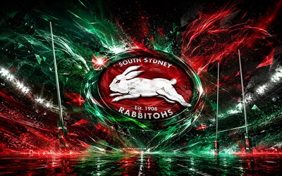 etelä sydney rabbitohsin abstrakti logo, 4k, vihreä punainen abstrakti tausta, nrl, rugby, south sydney rabbitohsin logo, etelä sydneyn kanien tunnus, australian rugbyjoukkue, etelä sydneyn kanit