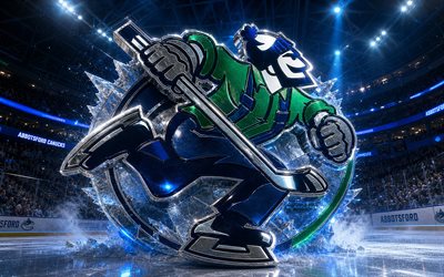 4k, Abbotsford Canucks metal logo, spotlights, ice arena, AHL, creative, hockey, Abbotsford Canucks logo, hockey stadium, Abbotsford Canucks 3D logo, american hockey team, Abbotsford Canucks