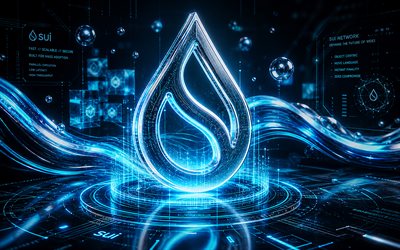 شعار سوي ثلاثي الأبعاد, 4k, خلفية مستقبلية زرقاء, العملات المشفرة, شعار سوي المعدني, العلامات التجارية, سوي العملة المشفرة, شعار سوي المستقبلي, blockchain, شعار سوي, سوي