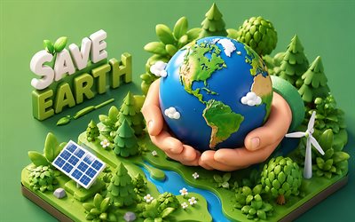Save Earth, 4K, isomteric 3D art, switch, Earth in hands, creative eco concepts, environment, ecology concepts, Save Earth concepts, 3D Earth in the palms of your hands, ecology, take care of nature