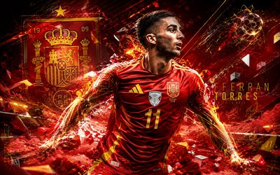 ferrán torres, selección de fútbol de españa, fan art, fondo de líneas abstractas amarillo rojo, ferrán torres españa, arte creativo, logotipo de la selección de fútbol de españa, fútbol americano