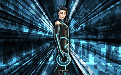4k, eu, fundo de raios azuis, pele io, hiro fortnite, arte abstrata, skin io fortnite, personagens fortnite, fortnite, arte criativa