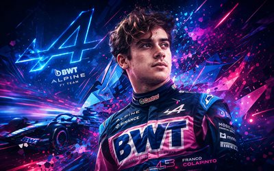 Franco Colapinto, 4k, purple digital background, Alpine F1 Team, Formula 1, Argentine racing drivers, Franco Colapinto 4K, Formula One, F1, fan art, BWT Alpine F1 Team, Franco Colapinto Alpine F1 Team