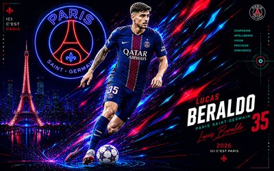 4k, Lucas Beraldo, PSG, vector art, blue abstract vector background, Lucas Beraldo PSG, creative art, PSG logo, Lucas Beraldo Paris Saint-Germain, football, Paris Saint-Germain