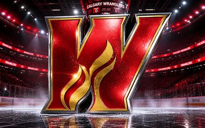 4k, Calgary Wranglers metal logo, spotlights, ice arena, AHL, creative, hockey, Calgary Wranglers logo, hockey stadium, Calgary Wranglers 3D logo, canadian hockey team, Calgary Wranglers