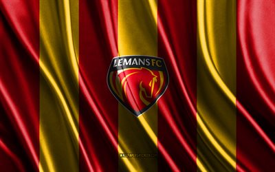 4k, Le Mans FC logo, Ligue 2, red yellow silk texture, Le Mans FC flag, French football club, silk flag, Le Mans FC emblem, France, Le Mans FC badge, Le Mans FC