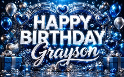 Grayson Happy Birthday, 4k, metal 3D letters, blue luxury decorations, creative, Grayson name, blue background, Grayson Birthday, popular american male names, Happy Birthday Grayson, picture with Grayson name, Grayson