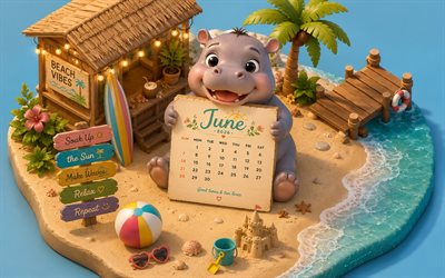calendario junio 2026, 4k, lindo hipopótamo en la playa, arte isométrico 3d, calendario junio ​​2026, pequeño hipopótamo, junio, calendarios 2026, verano, playa