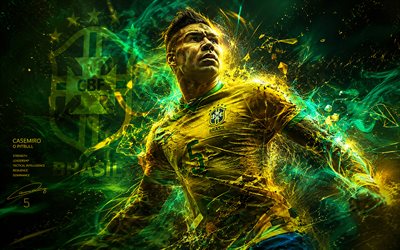 casemiro, seleção brasileira de futebol, arte dos fãs, fundo de linhas abstratas amarelas verdes, casemiro brasil, arte criativa, logotipo da seleção brasileira de futebol, futebol, carlos henrique casimiro
