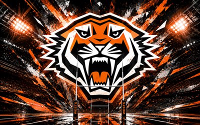 wests tigers soyut logosu, 4k, siyah turuncu arka plan, nrl, rugby, batı kaplanları logosu, batı kaplanları amblemi, avustralya ragbi takımı, batı kaplanları