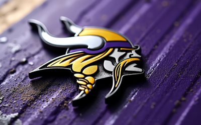 Minnesota Vikings wooden logo, 4k, purple yellow wooden background, Minnesota Vikings emblem, wooden art, USA, Minnesota Vikings, American football, Minnesota Vikings logo, NFL