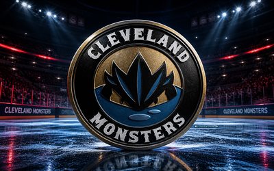 4k, Cleveland Monsters metal logo, spotlights, ice arena, AHL, creative, hockey, Cleveland Monsters logo, hockey stadium, Cleveland Monsters 3D logo, american hockey team, Cleveland Monsters
