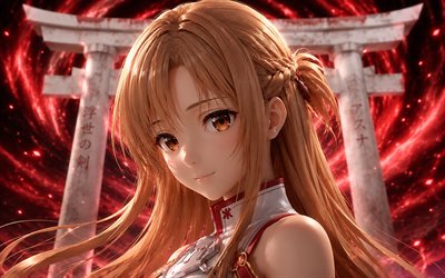 4k, Yuuki Asuna, 3D art, red glare, Torii gates, Sword Art Online, white kimono, manga, protagonist, Asuna Yuuki, Sword Art Online characters, Asuna, Yuuki Asuna Sword Art Online