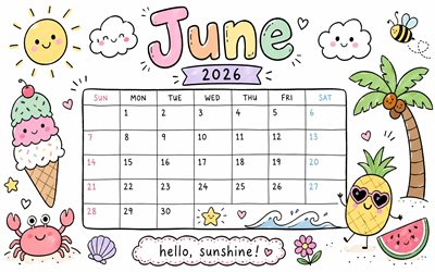 4k, calendario junio ​​2026, obra de arte, minimalismo, accesorios de playa, creativo, wibes de playa, junio 2026, calendarios de verano, calendario junio 2026, arte del garabato, verano, calendarios de junio, calendarios 2026, junio