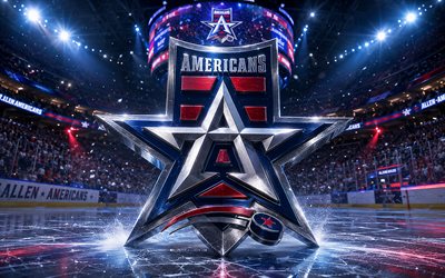 4k, Allen Americans metal logo, spotlights, ice arena, ECHL, creative, hockey, Allen Americans logo, hockey stadium, Allen Americans 3D logo, canadian hockey team, Allen Americans