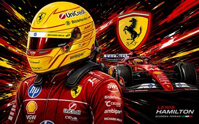 Lewis Hamilton, Scuderia Ferrari, Formula 1, yellow F1 helmet, vector art, F1, creative art, Lewis Hamilton Ferrari, red abstract vector background, Ferrari