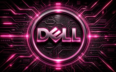 Dell 3D logo, 4k, pink futuristic background, pink neon rays, electronics brands, Dell metal logo, Dell pink logo, brands, Dell logo, Dell