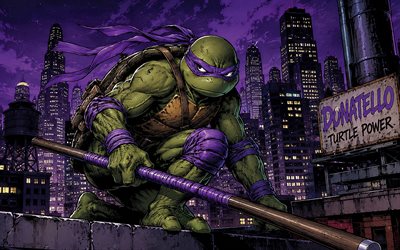 4k, donatello no telhado, arte em quadrinhos, tartarugas ninja adolescentes mutantes, paisagem noturna, personagens tnt, tartarugas mutantes, donatello, tmnt, tartarugas ninjas, donatello tmnt, donatello 4k