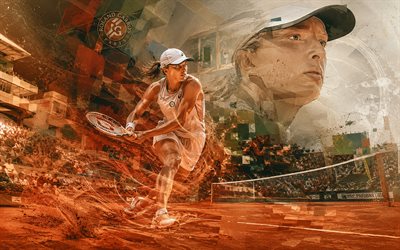 Iga Swiatek, 4k, Polish tennis player, WTA, orange abstract lines art, tennis, Iga Swiatek art, Womens Tennis Association, creative art, orange light lines