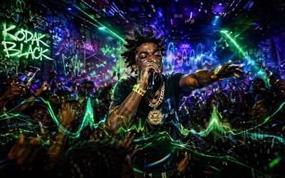 4k, Kodak Black, neon rays, night party, fans, music stars, Dieuson Octave, american rapper, Kodak Black art, american celebrity, Kodak Black 4K