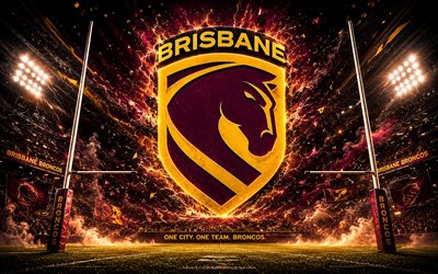 Brisbane Broncos abstract logo, 4k, purple yellow abstract background, rugby stadium, NRL, rugby, Brisbane Broncos logo, Brisbane Broncos emblem, australian rugby team, Brisbane Broncos