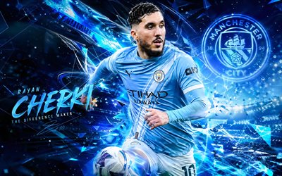 rayan cherki, manchester city fc, fanitaidetta, sininen valkoinen abstrakti tausta, rayan cherki manchester city fc, luovaa taidetta, manchester city fc  logo, rayan cherki manchester city, jalkapallo, manchester city