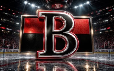 4k, Belleville Senators metal logo, spotlights, ice arena, ECHL, creative, hockey, Belleville Senators logo, hockey stadium, Belleville Senators 3D logo, canadian hockey team, Belleville Senators