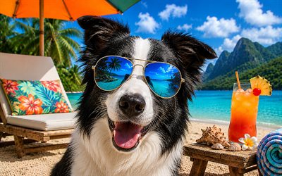 kenar kömür ocağı, 4k, yaz, tropikal plaj, plaj aksesuarları, deniz, şezlong, güneş gözlüğü, sahilde border collie, köpekler, kokteyl, sevimli hayvanlar, sahil, evcil hayvanlar, güneş gözlüğü takan köpek, border collie köpeği