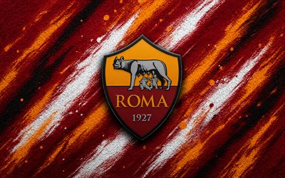 AS Roma logo, 4k, red yellow paint background, AS Roma, Italian football club, AS Roma emblem, Serie A, Italy, Roma