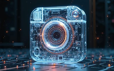 instagram oldlogo, 4k, fondo azul de alta tecnología, logotipo de neon blue neon de instagram, luz de neón azul, radiografía, instagram old emblem, logotipo 3d antiguo de instagram, instagram, logotipo azul de instagram