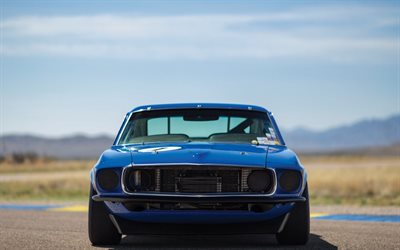 Ford Mustang de 1969, voiture de muscle, vue de face, bleu mustang