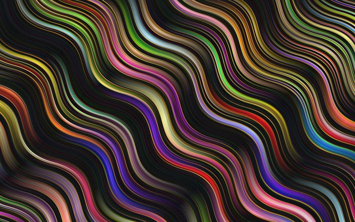 mångfärgade våglinjer bakgrund, 4k, abstrakt illusion linjer bakgrund, illusion vågor abstraktion, linjer mönster, våg bakgrund