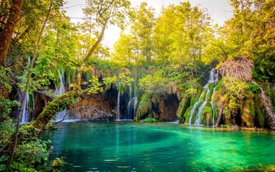 Plitvice lakes, waterfall, glacial lake, forest, beautiful waterfall, Plitvice Lakes National Park, Croatia