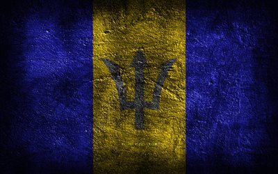 4k, Barbados flag, stone texture, Flag of Barbados, stone background, grunge art, Barbados national symbols, Barbados