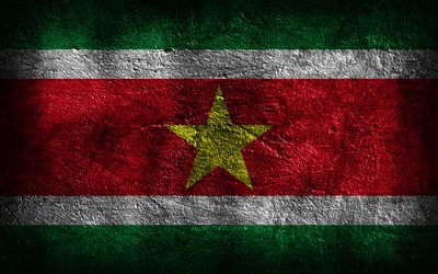 4k, Suriname flag, stone texture, Flag of Suriname, stone background, grunge art, Suriname national symbols, Suriname