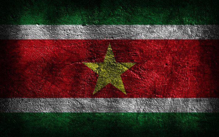 4k, スリナムの国旗, 石の質感, 石の背景, グランジアート, スリナムの国家シンボル, スリナム