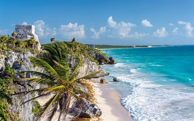 Tulum, Caribbean sea, coast, beach, palm trees, Caribbean coast, seascape, waves, Quintana Roo, Mexico