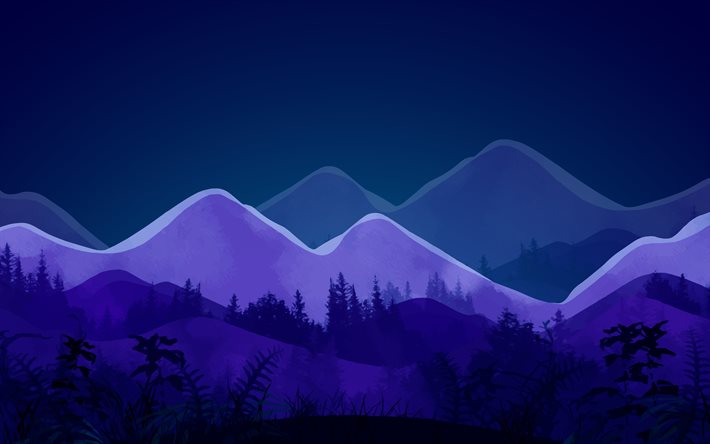 abstract nightscapes, 4k, mountains silhouette, forest, creative, mountains, abstract landscapes, abstract nature, drawing landscapes, silhouette of mountains