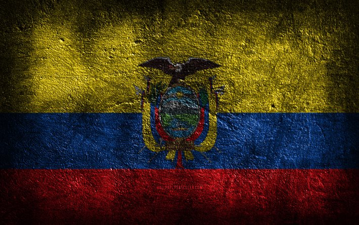 4k, le drapeau de l équateur, la texture de la pierre, la pierre de fond, le drapeau équatorien, l art grunge, les symboles nationaux équatoriens, l équateur