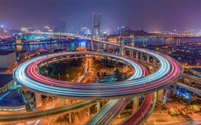 shanghai, 4k, carrefour routier, skyline paysages urbains, carrefour, сhina, les villes chinoises, des photos avec shanghai, l asie, les paysages nocturnes, les feux de circulation