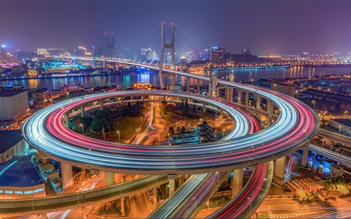 शंघाई, 4k, पथ - संगम, क्षितिज शहर के दृश्य, यातायात चौराहा, हिना, चीनी शहर, शंघाई के साथ तस्वीरें, एशिया, रात का दृश्य, ट्रैफ़िक लाइट